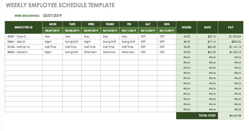 free weekly employee work schedule template