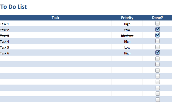 excel template list