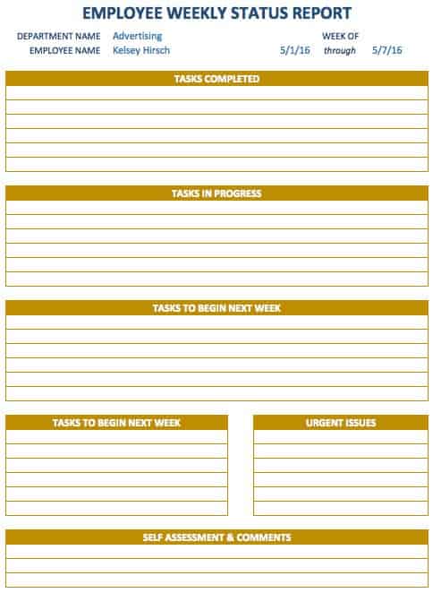 weekly task report template excel