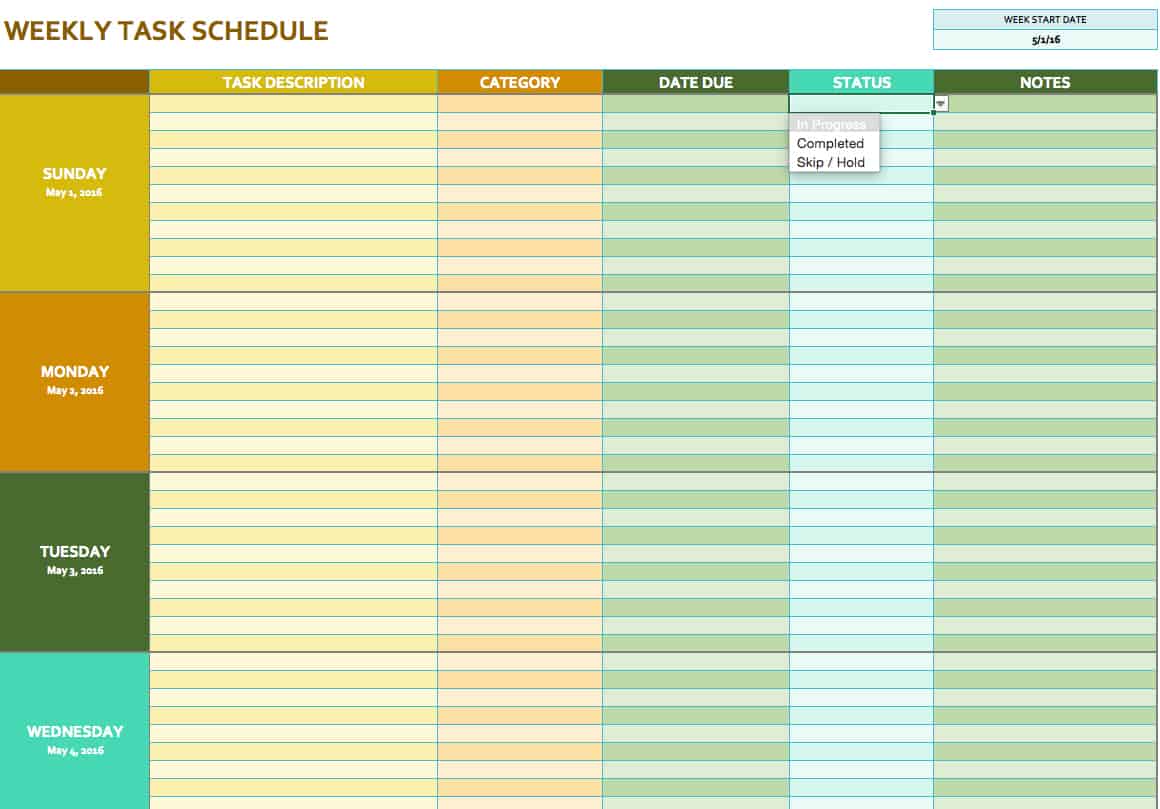 Calendar Task List Template