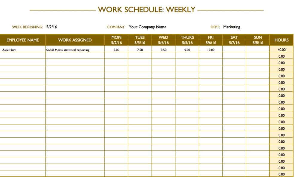 weekly work schedule template with hours tally